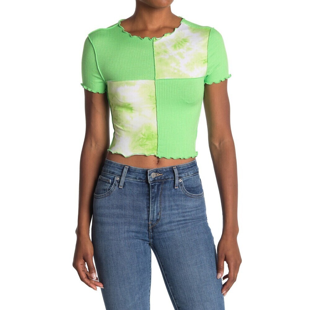 Abound Woman's Tie Dye Colorblock Lettuce Edge Crop Top In Green Size L